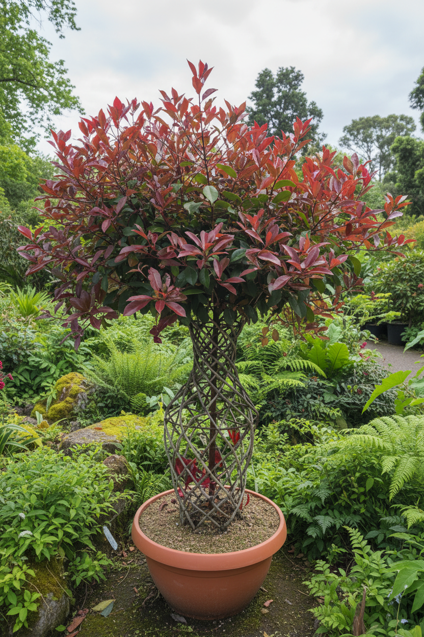 Photinia Red Robin met groene achtergrond