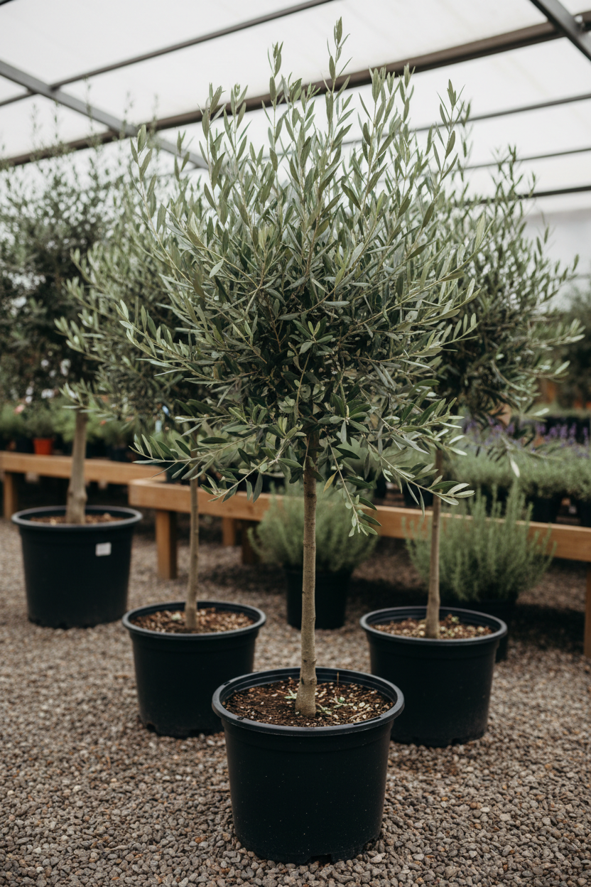 Olea europaea olijfboom in zwarte kwekerspot op grintondergrond