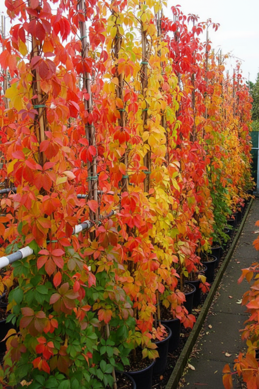 Parthenocissus wilde wingerd met rode herfstbladeren in rijen
