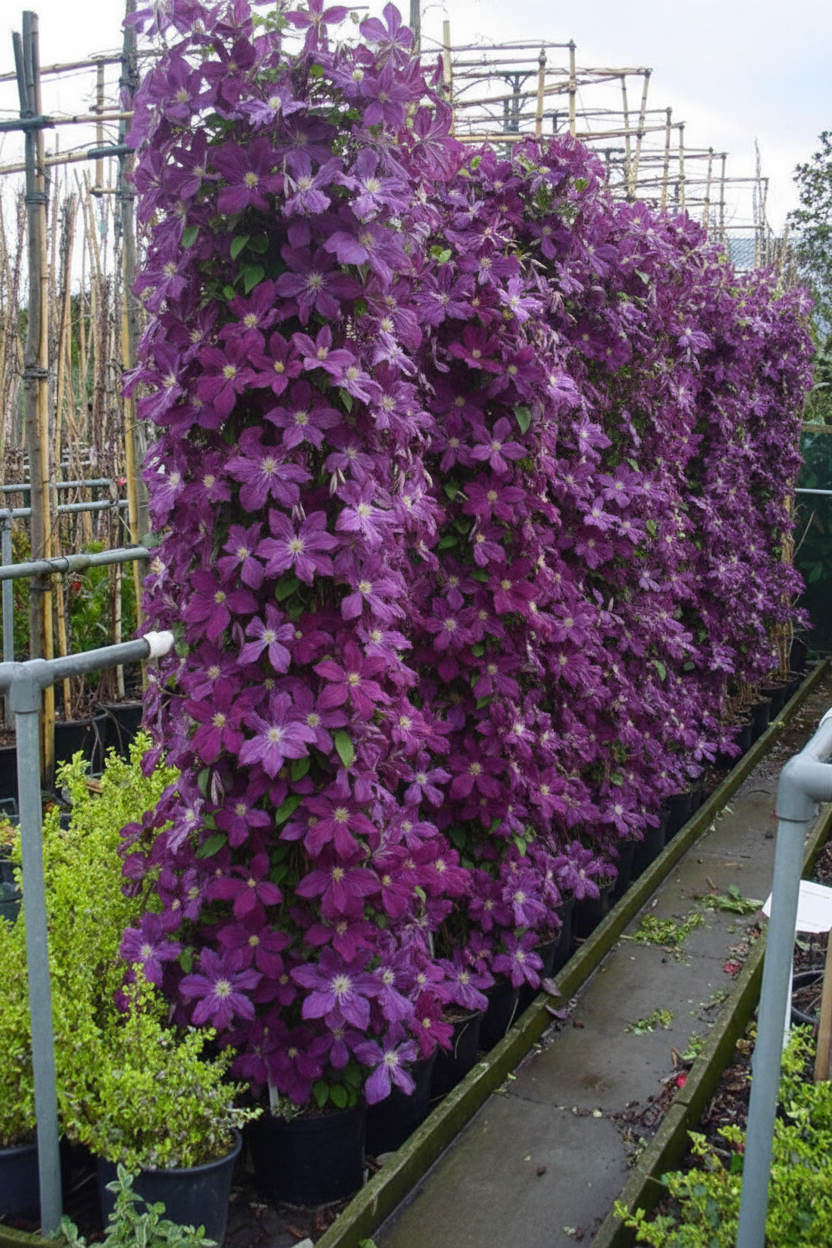 Clematis bosrank klimplant in volle bloei met paarse bloemen
