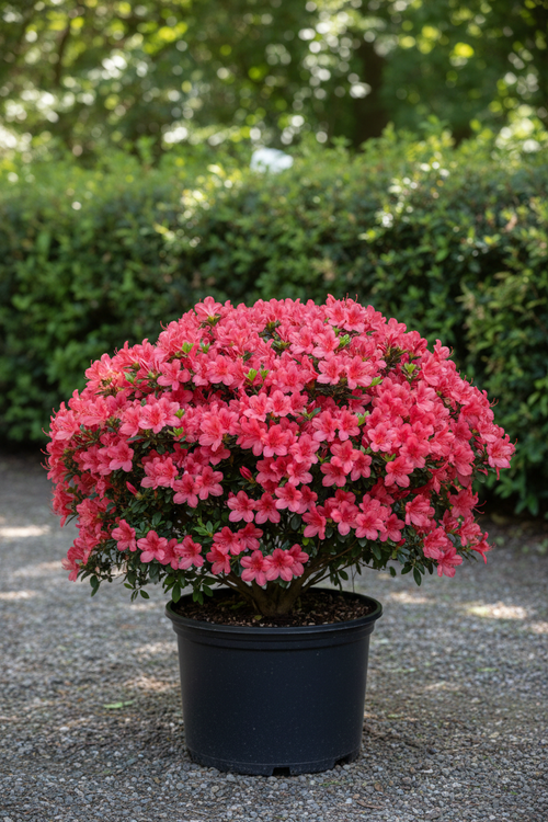 Azalea heester in volle bloei met roze-rode bloemen in zwarte pot