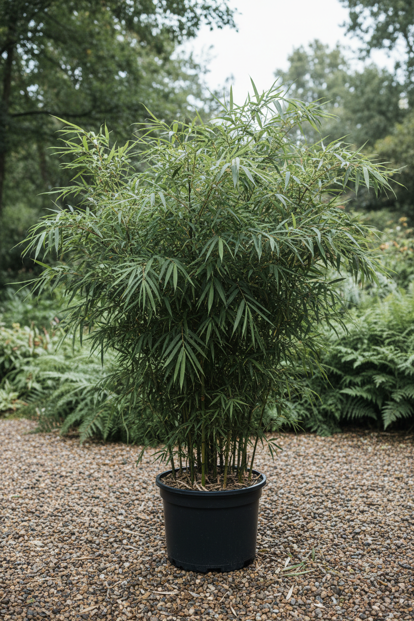 Pseudosasa japonica pijlbamboe in zwarte kwekerspot op grintondergrond