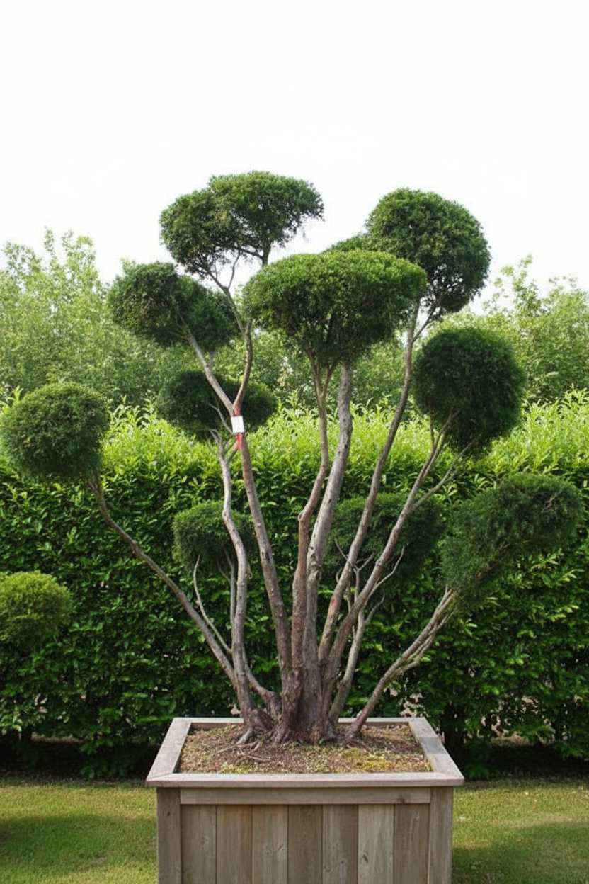 Taxus venijnboom bonsai grote multi-stam wolkvorm in houten bak