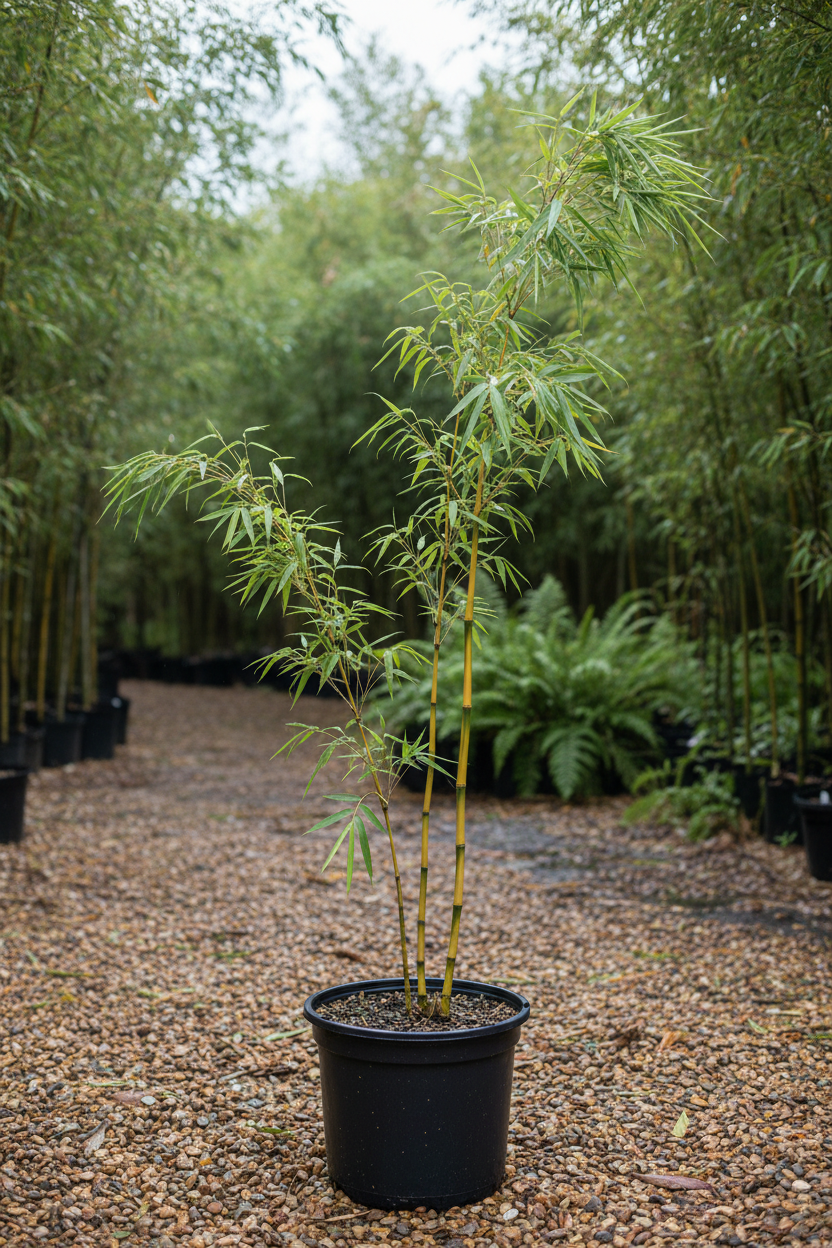 Phyllostachys aureosulcata bamboe in zwarte kwekerspot op grintondergrond