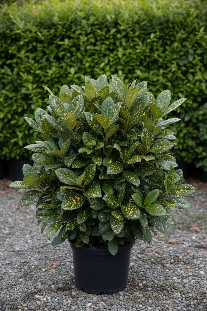 Aucuba japonica Japanse laurier met gevlekt blad in zwarte pot