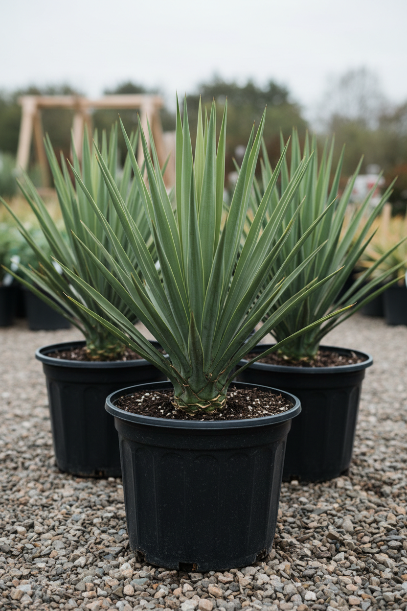 Yucca in zwarte kwekerspot op grintondergrond