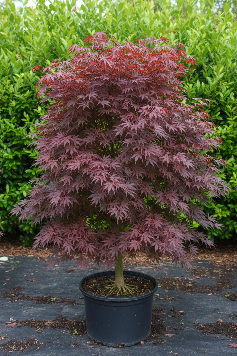 Acer palmatum bolvorm met rode kroon in zwarte pot