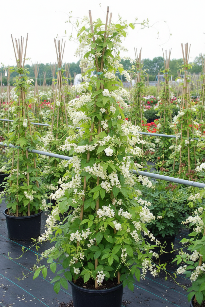 Fallopia bruidssluier klimplant in volle bloei met witte bloemen