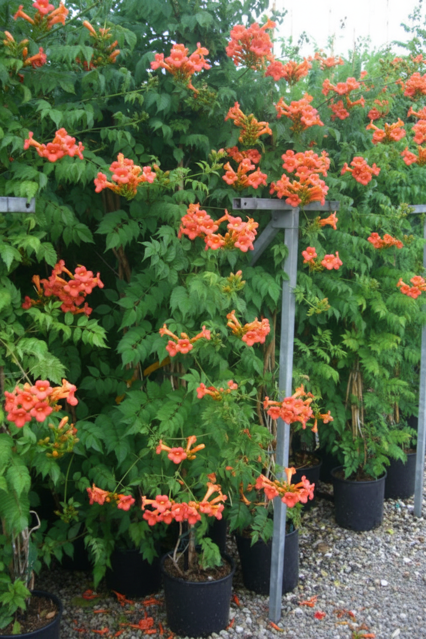 Campsis trompetbloem klimplant in volle bloei