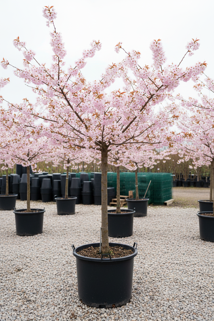 Prunus sierkers met roze bloesem in kwekerspot