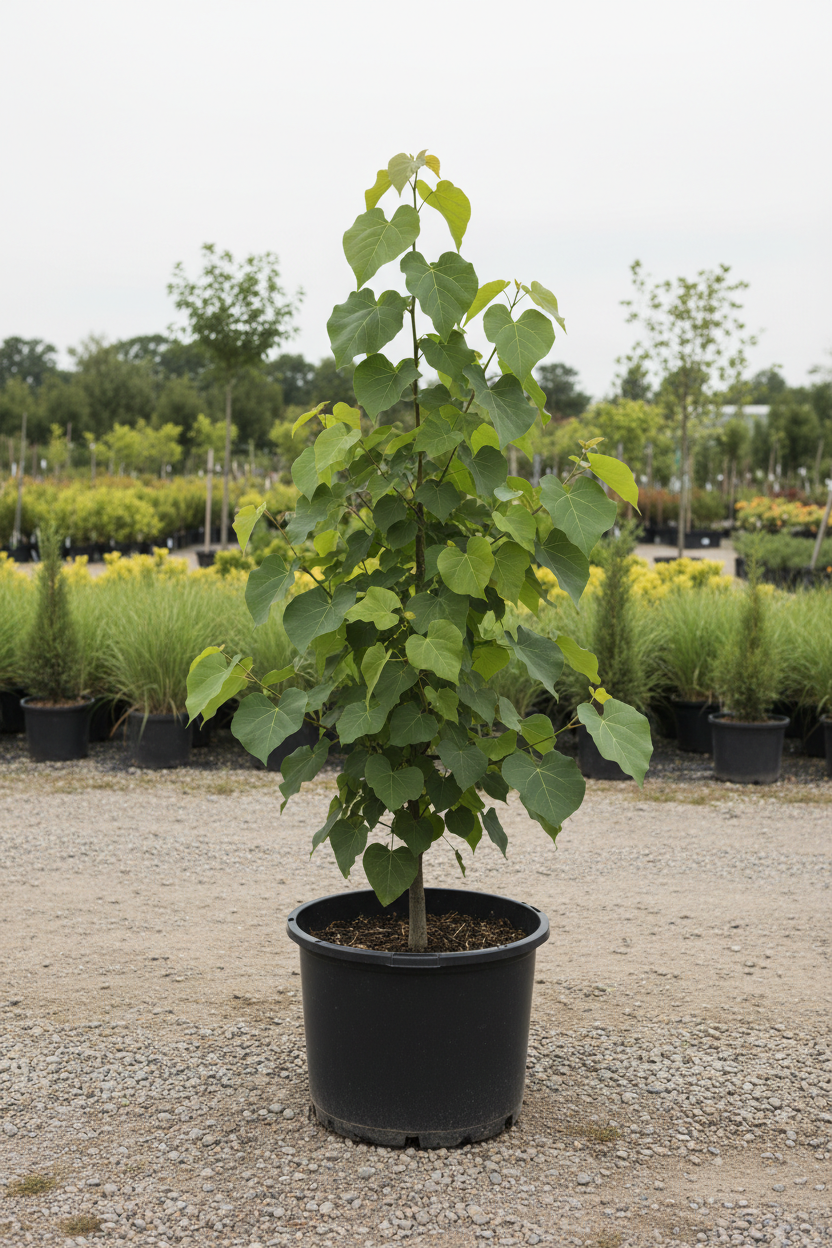 Catalpa trompetboom met grote bladeren in kwekerspot
