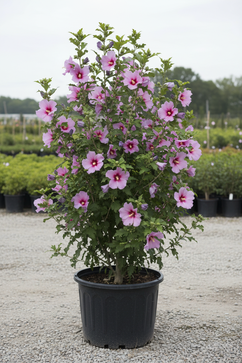 Hibiscus syriacus tuinhibiscus met roze bloemen in kwekerspot