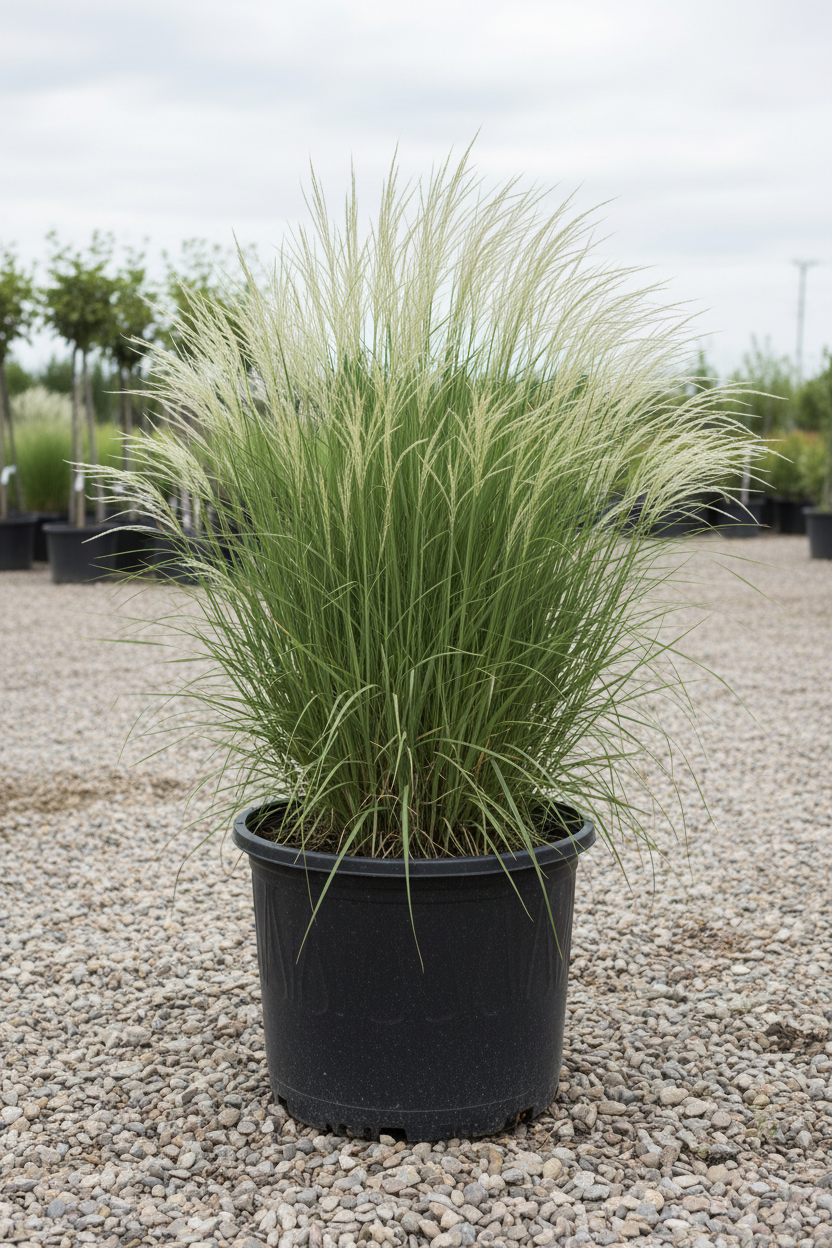 Miscanthus siergras met sierlijke pluimen in kwekerspot
