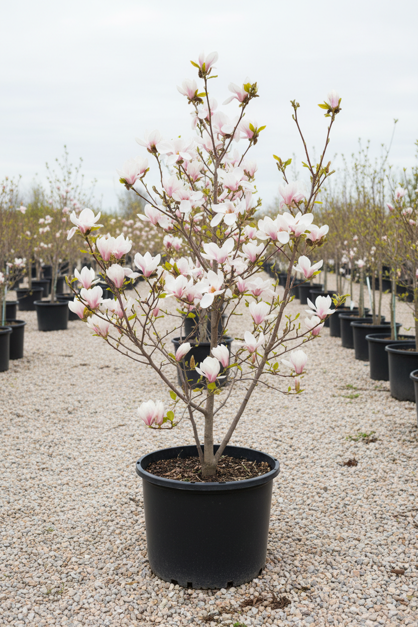 Magnolia met grote witte en roze bloemen in kwekerspot