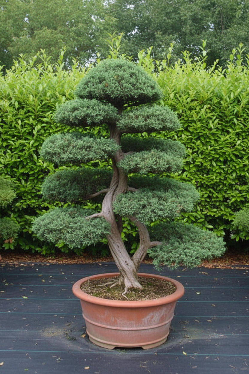 Juniperus jeneverbes bonsai breed multi-stam in terracotta pot
