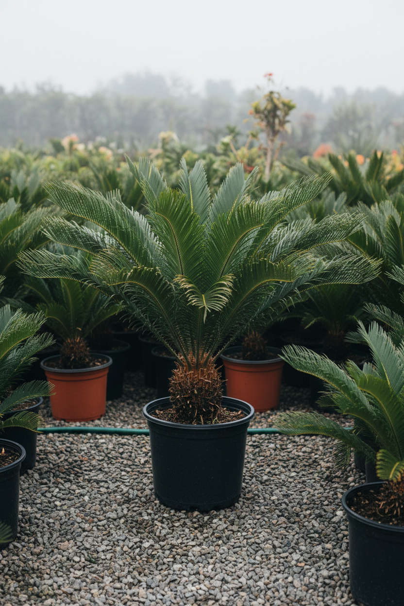 Cycas sagopalm in zwarte kwekerspot op grintondergrond