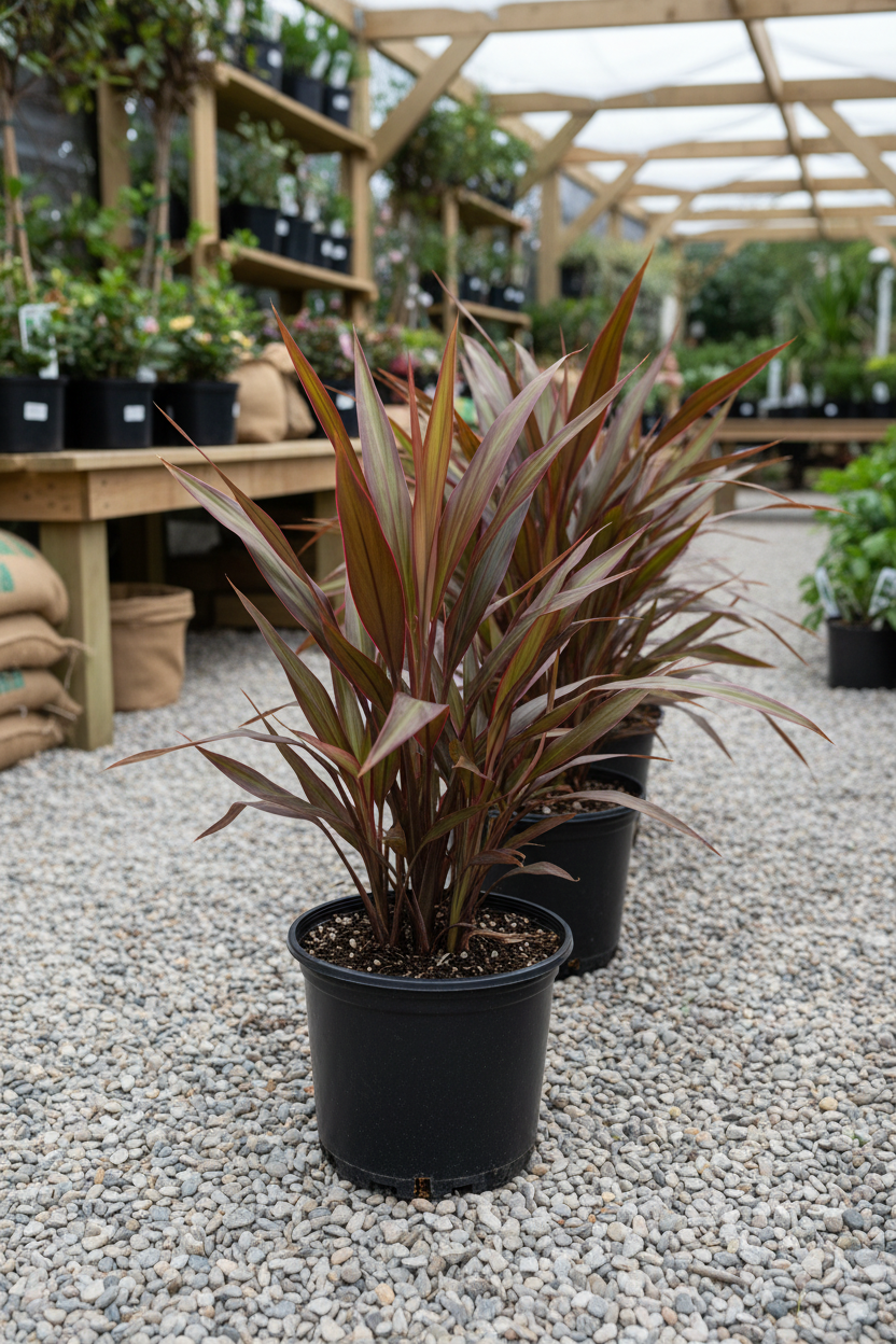 Phormium in zwarte kwekerspot op grintondergrond