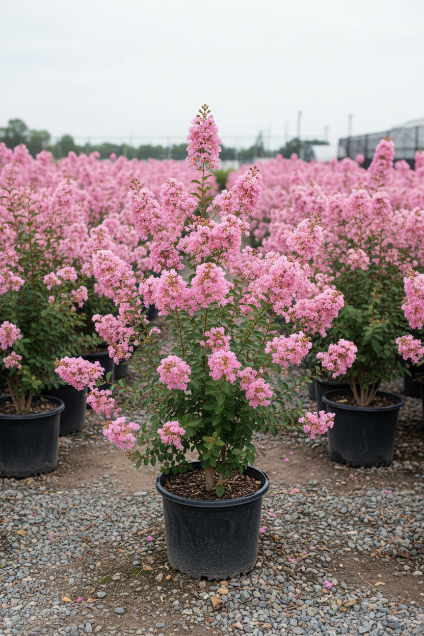 Lagerstroemia jupiterboom in zwarte kwekerspot op grintondergrond