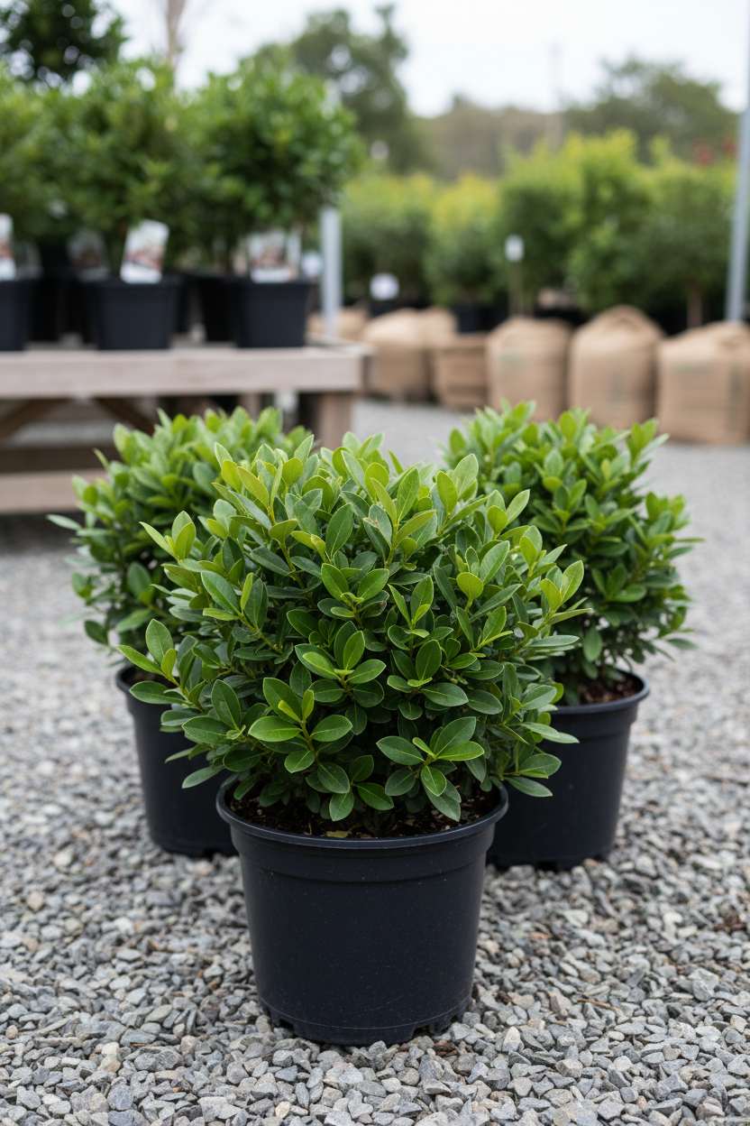 Pittosporum in zwarte kwekerspot op grintondergrond