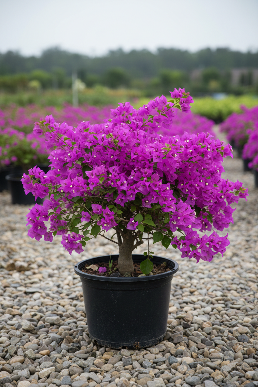 Bougainvillea in zwarte kwekerspot op grintondergrond