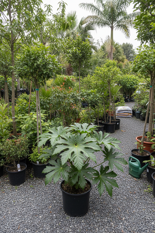 Fatsia japonica in zwarte kwekerspot op grintondergrond