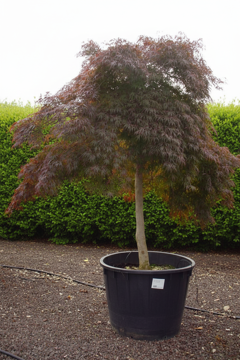 Acer palmatum op stam met paraplu kroon in zwarte pot