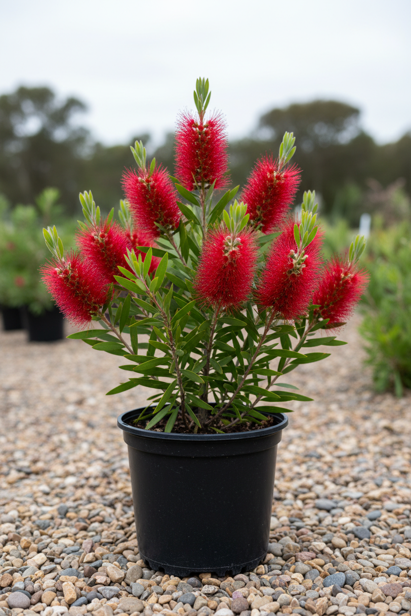 Callistemon flessenborstelplant in zwarte kwekerspot op grintondergrond