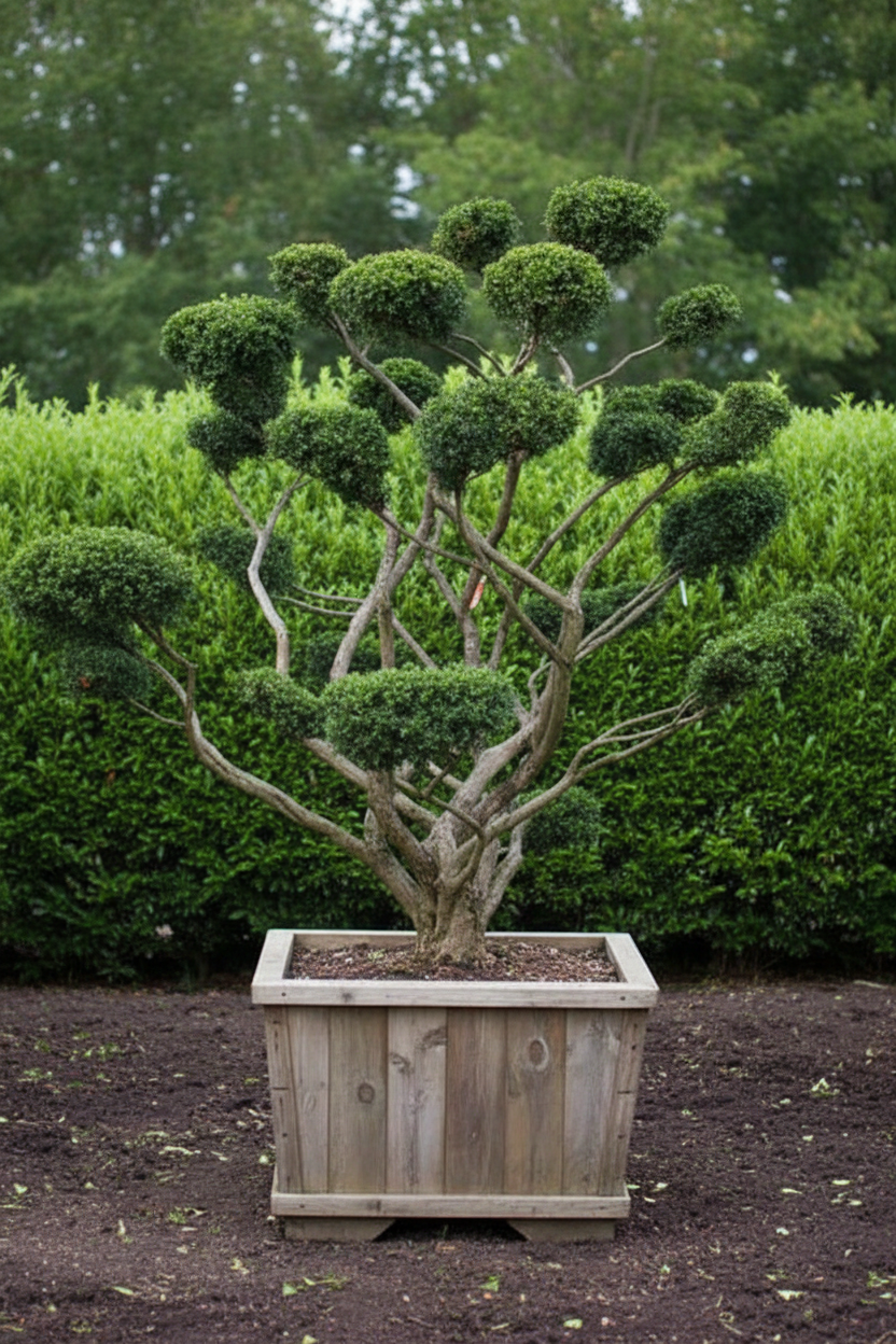 Taxus venijnboom bonsai brede spreidende wolkvorm in houten bak