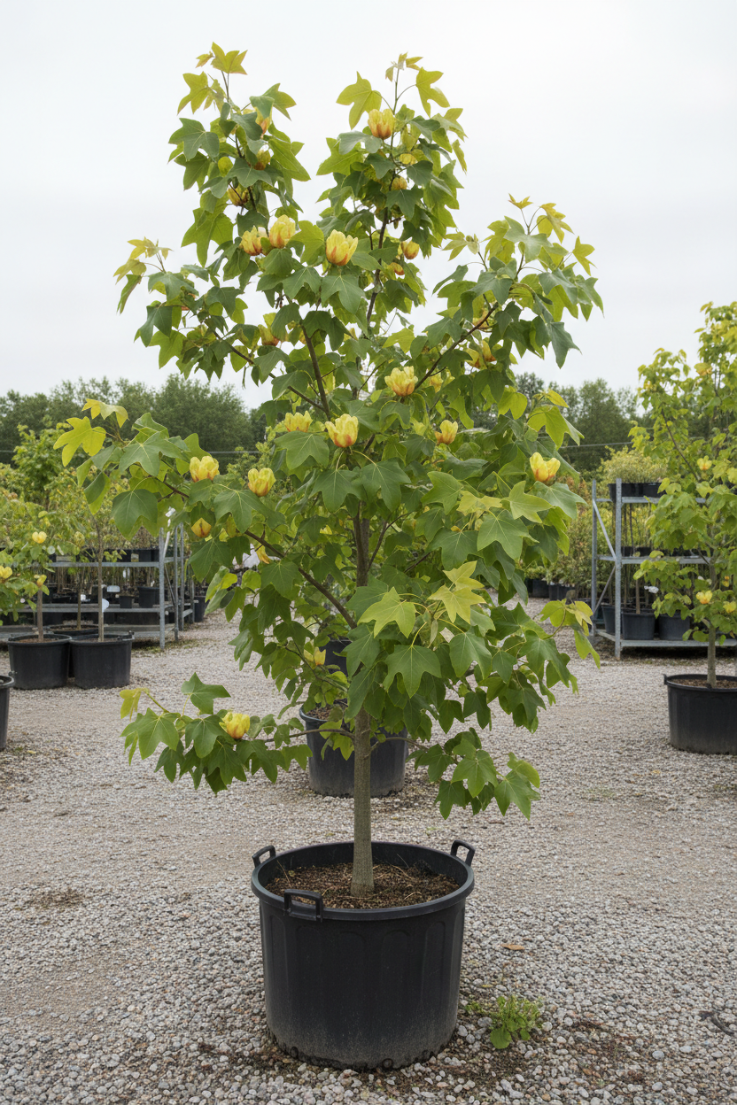 Liriodendron tulpenboom met zadelvormige bladeren in kwekerspot