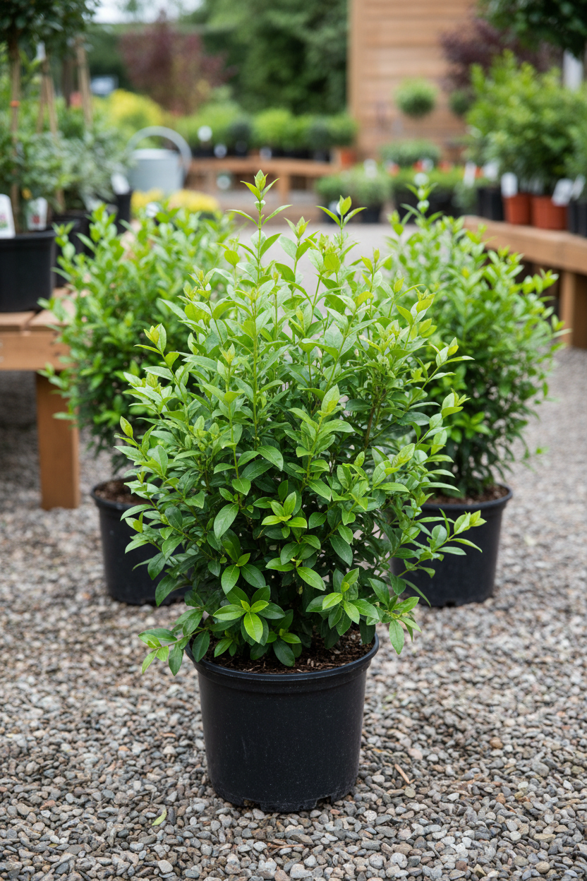 Ligustrum liguster in zwarte kwekerspot op grintondergrond
