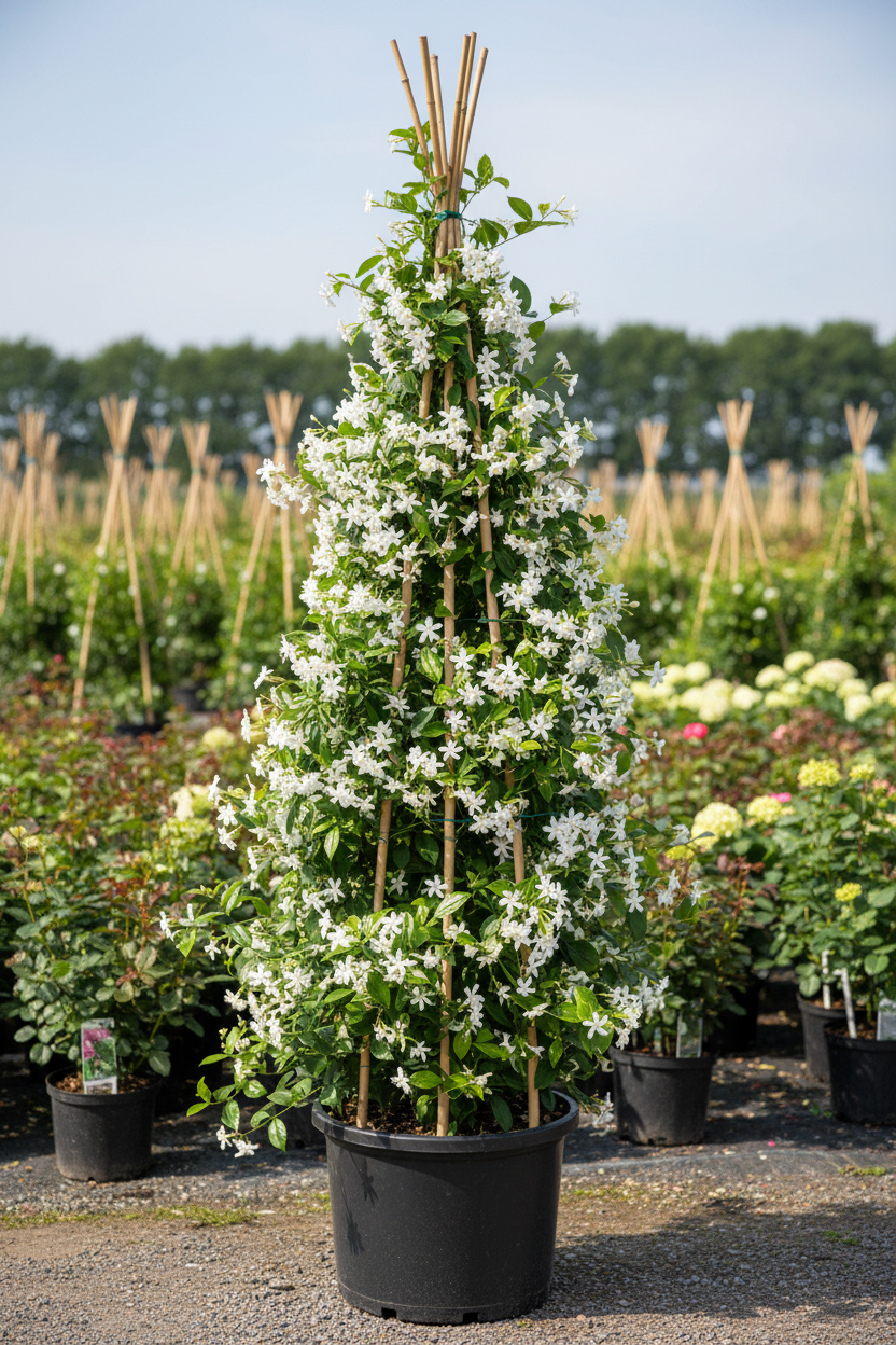 Jasminum jasmijn klimplant in volle bloei met witte bloemen