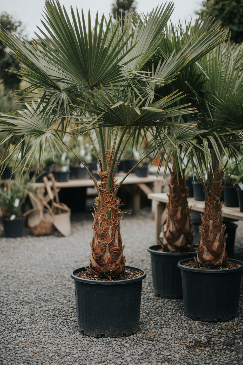 Trachycarpus henneppalm in zwarte kwekerspot op grintondergrond