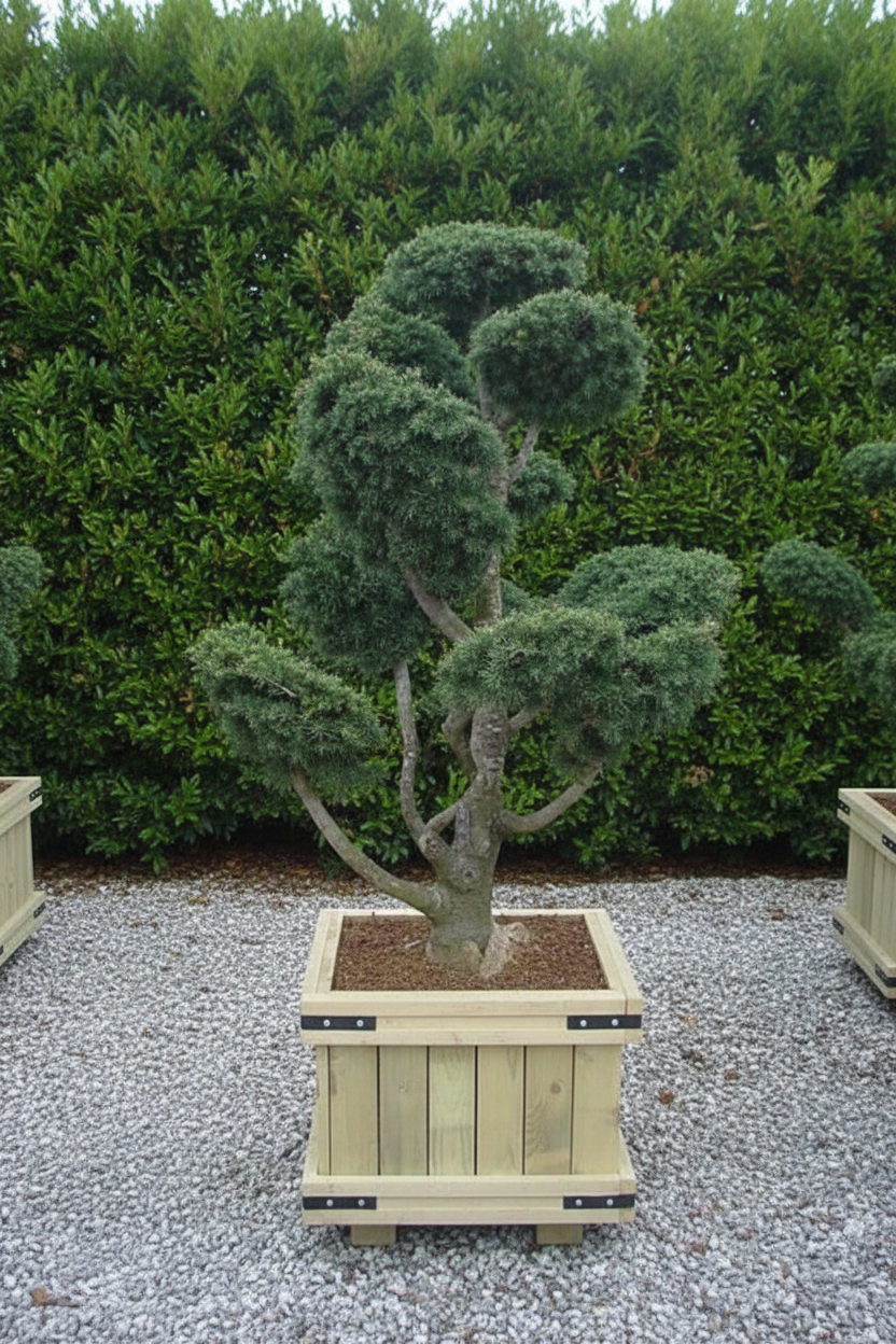 Cedrus ceder bonsai in houten bak met groene achtergrond