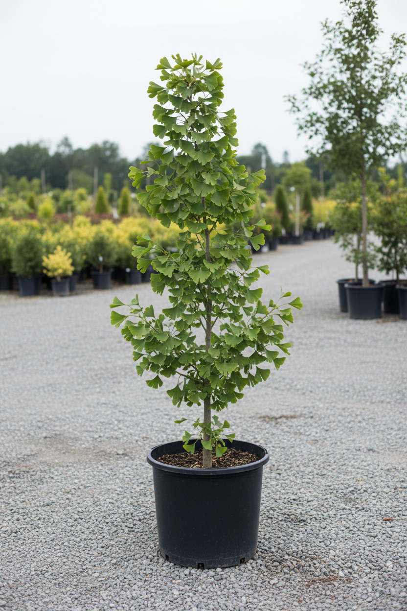 Ginkgo biloba met waaierbladen in kwekerspot