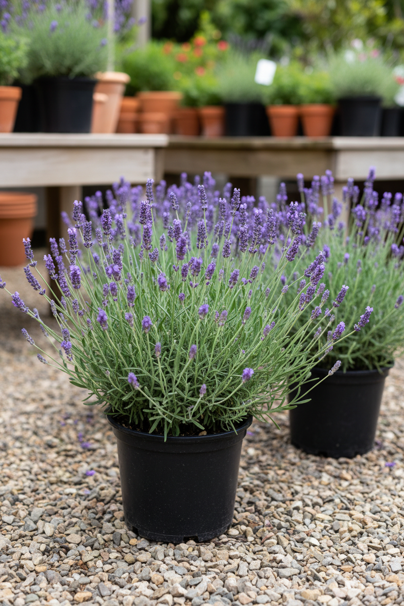 Lavendel in zwarte kwekerspot op grintondergrond
