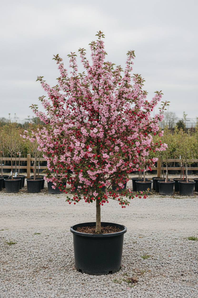 Malus sierappel met roze bloesem en rode appeltjes in kwekerspot