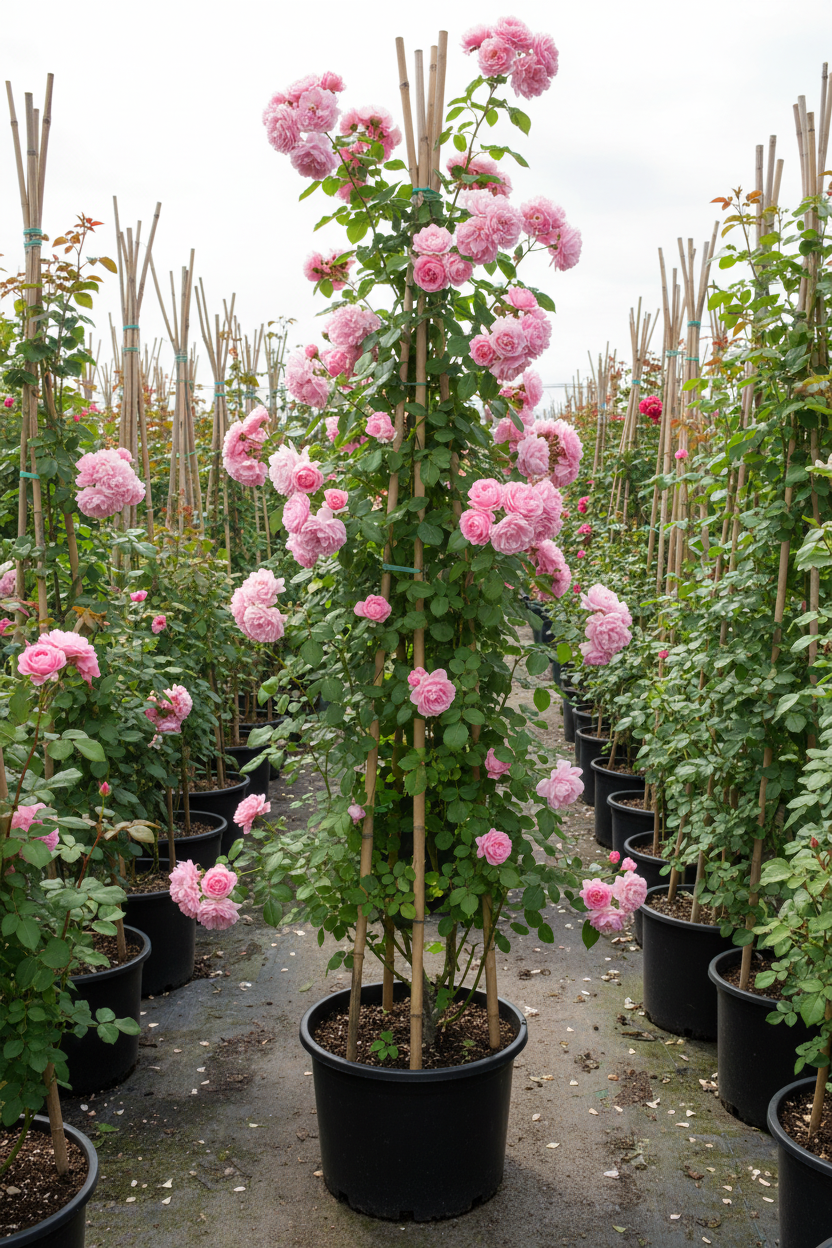 Klimroos in volle bloei met roze rozen op bamboeframe