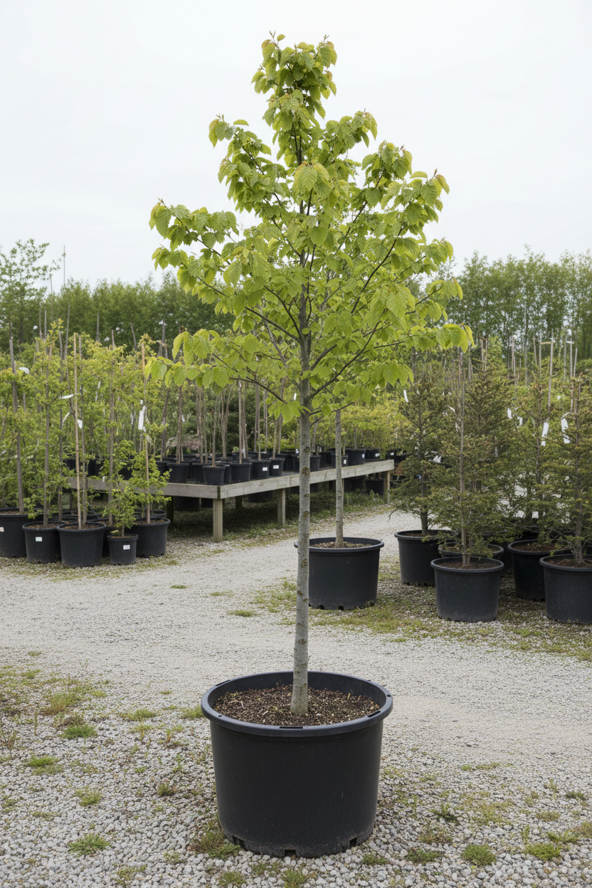 Fagus beuk met gladde grijze bast in kwekerspot