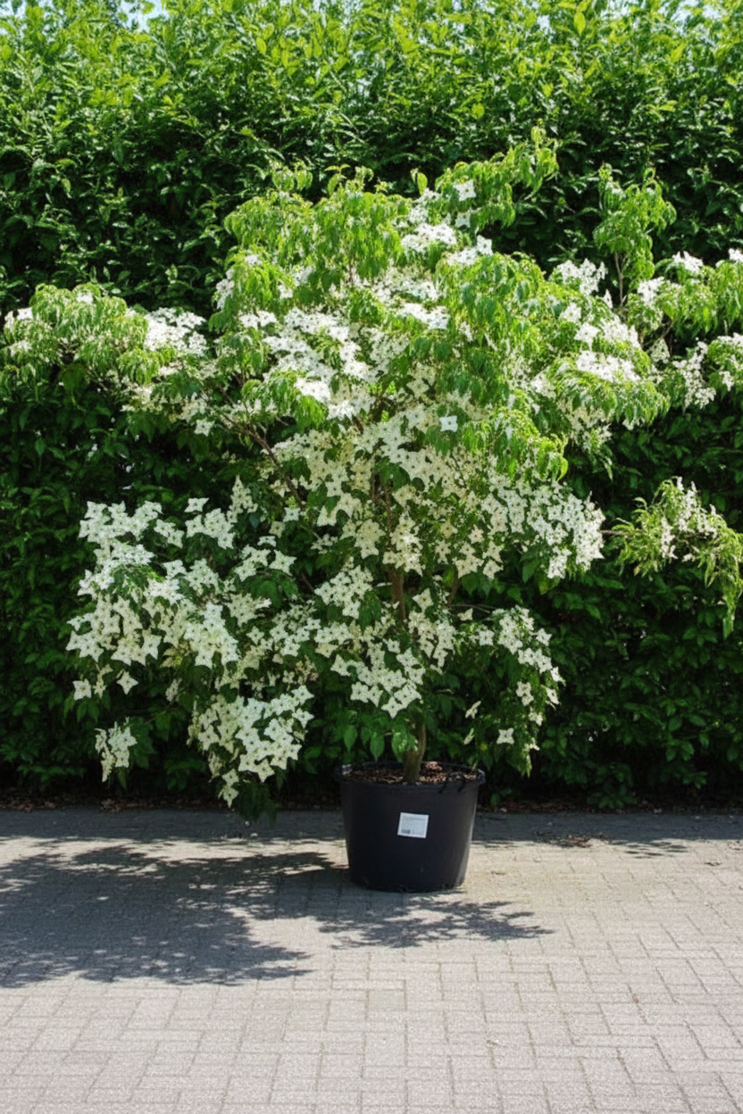 Cornus kousa Kornoelje in volle bloei met witte schutbladeren in zwarte pot