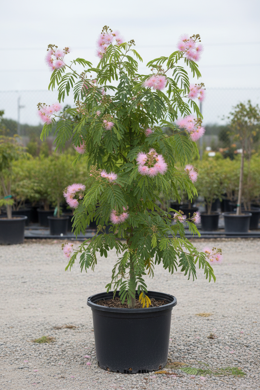 Albizia zijdeboom met roze bloemen in kwekerspot