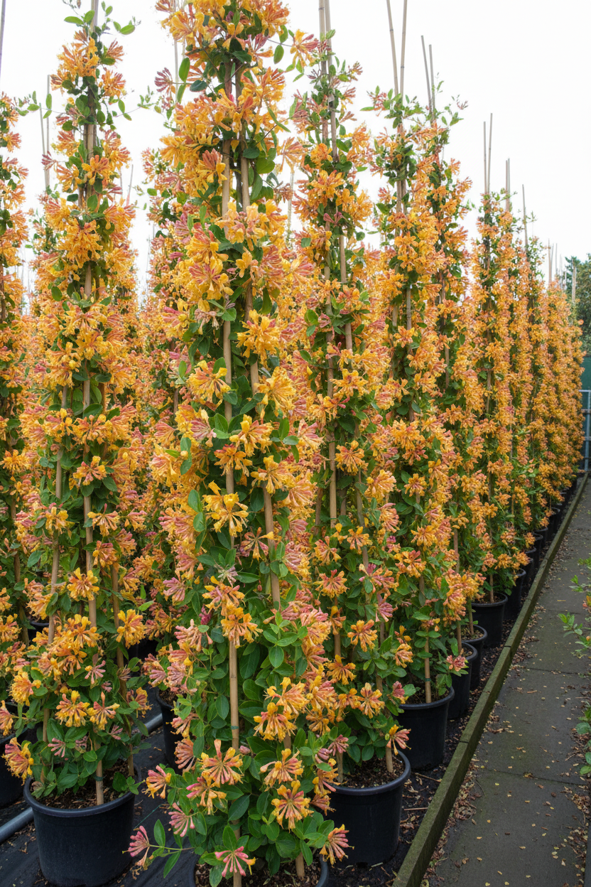 Lonicera kamperfoelie klimplant in volle bloei in rijen