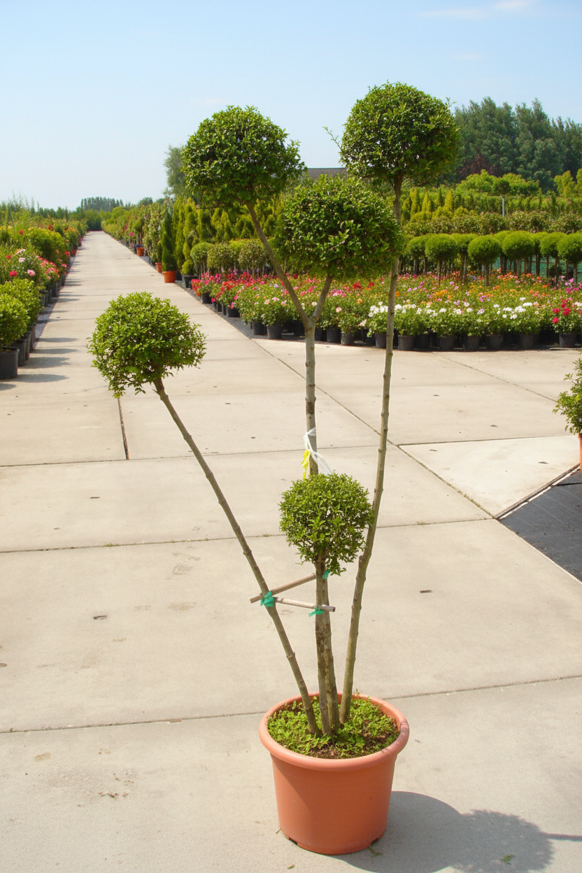 Ligustrum liguster bonsai drie stammen met bollen in terracotta pot
