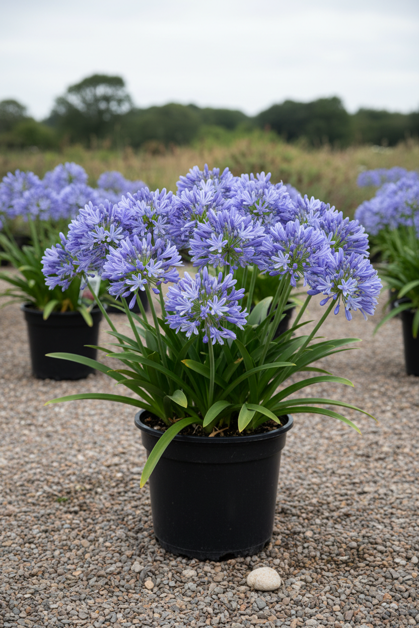 Agapanthus in zwarte kwekerspot op grintondergrond