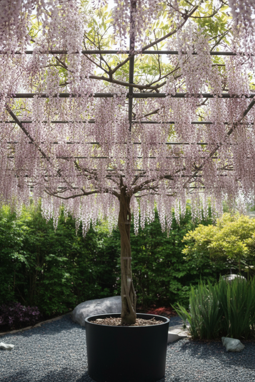 Wisteria blauweregen als leivorm met hangende paarse bloementrossen