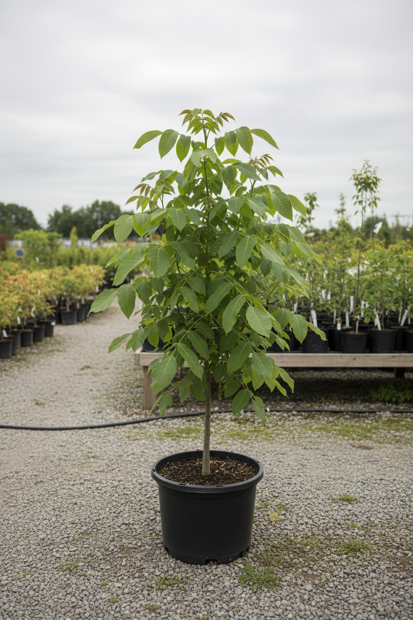 Juglans walnootboom met geveerde bladeren in kwekerspot