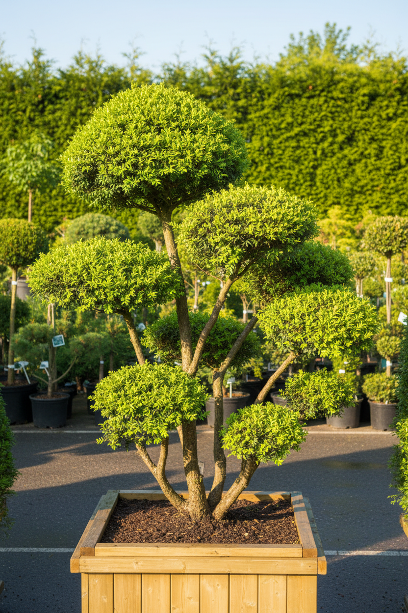 Taxus venijnboom bonsai medium wolkvorm in houten bak