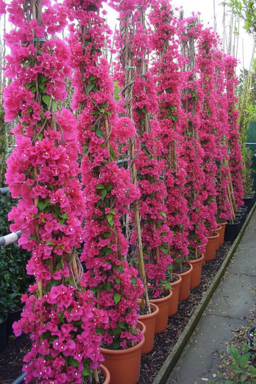 Bougainvillea klimplant in volle bloei met felroze bloemen in rijen