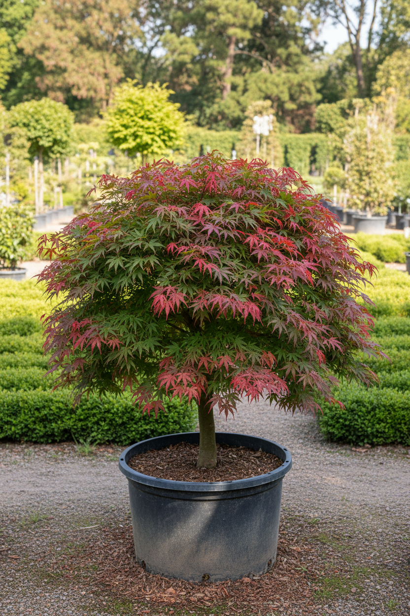 Acer esdoorn boom in kwekerspot met groene achtergrond