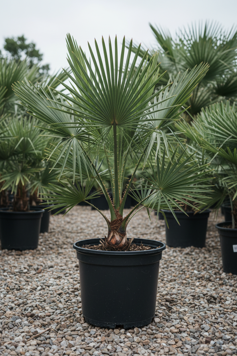 Chamaerops dwergpalm in zwarte kwekerspot op grintondergrond