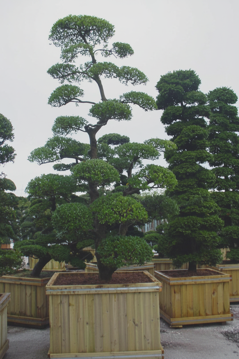 Ilex hulst niwaki bonsai in houten bakken